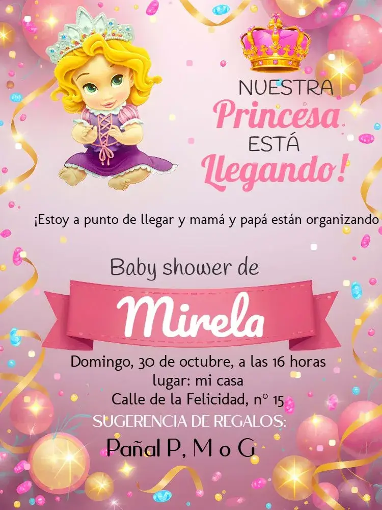 Invitación Baby Shower Princesa Rapunzel Realeza