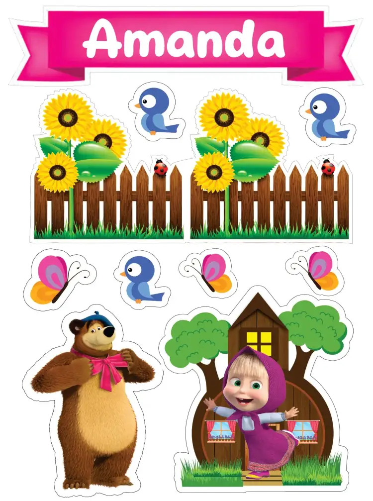 Invitación Masha y el Oso – tema Topper de torta colorido, divertido, infantil, animado, temático, ilustraciones de personajes