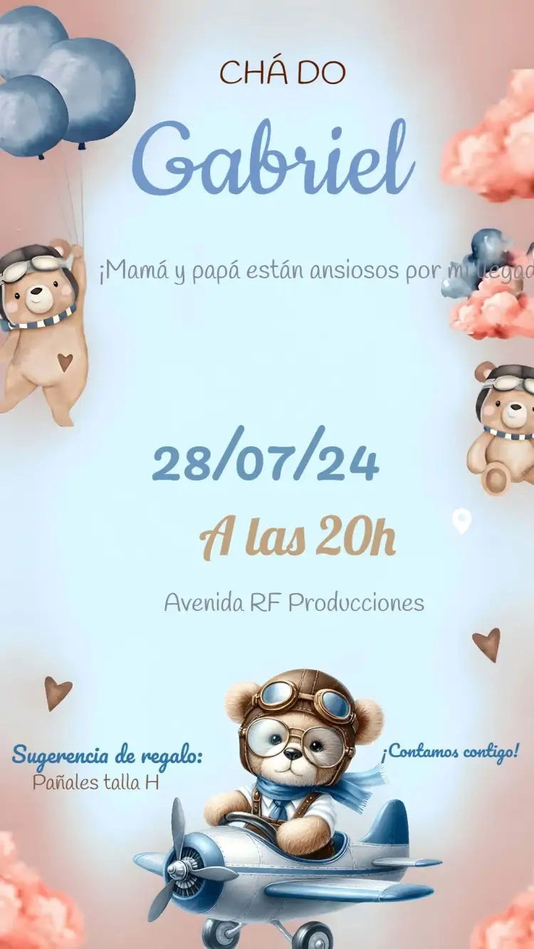 Invitación Baby Shower Aviator Bear Watercolor – tema Baby Shower acuarela, tierno, infantil, azul, aviador, lúdico