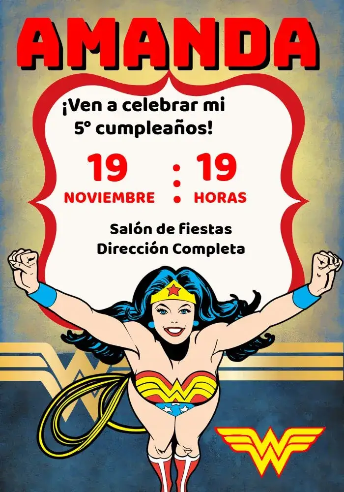 Invitación Mujer Maravilla Azul – tema Más buscados azul, rojo, heroico, divertido, infantil, moderno