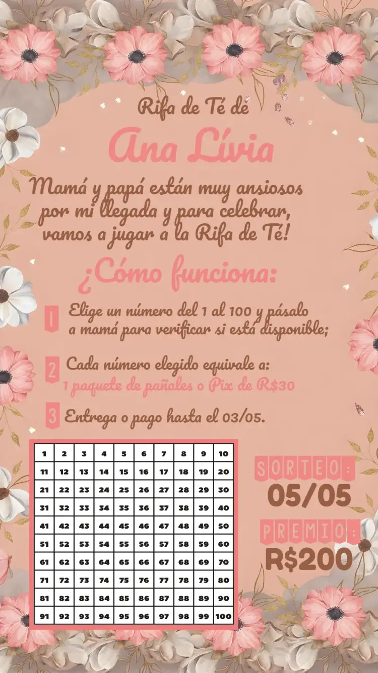 Invitación Té Rifa Floral 100 – tema Té Rifa floral, delicado, romántico, moderno, suave, femenino