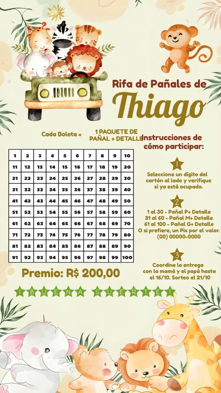 Invitación Chá Rifa Safari Marrón – tema Más buscados safari, animales, natural, divertido, colorido, tropical