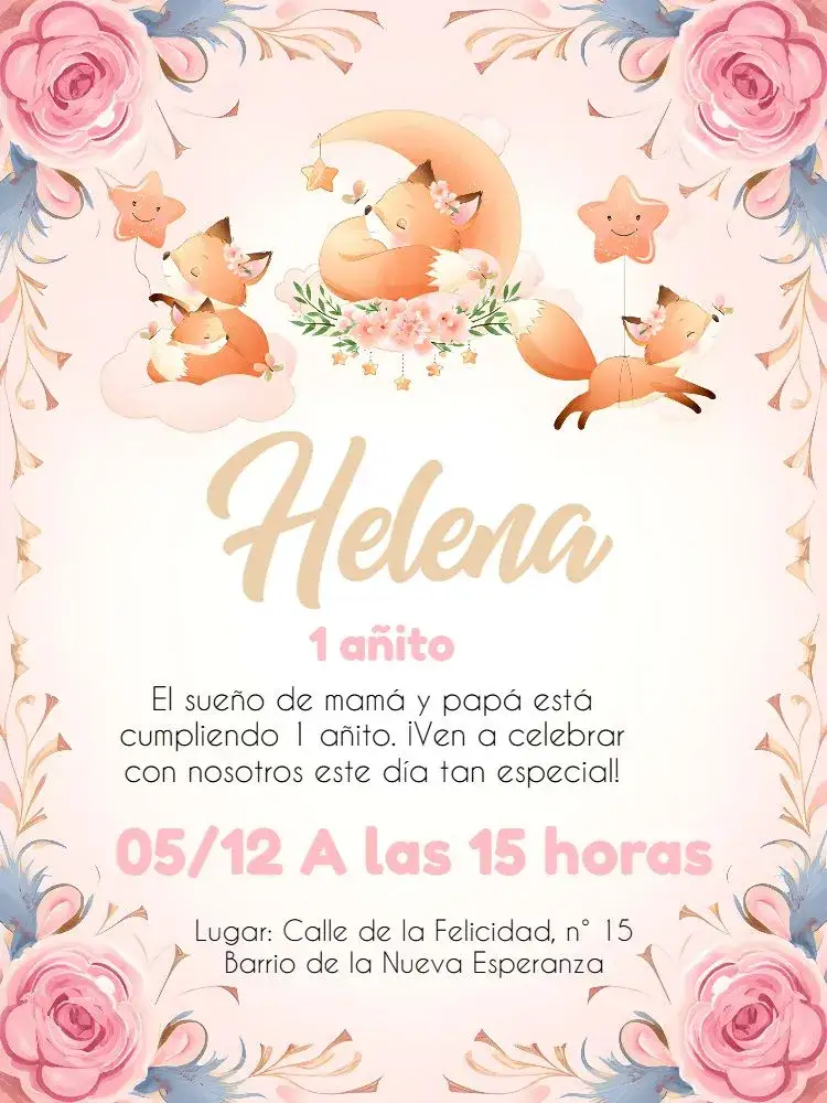 Invitación Zorro Floral Rosa – tema Fechas Conmemorativas floral, acuarela, infantil, delicado, colorido, moderno