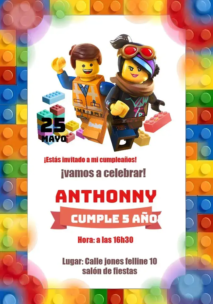 Invitación Piezas de Lego – tema Cumpleaños Infantil colorido, divertido, juguetón, infantil, temático