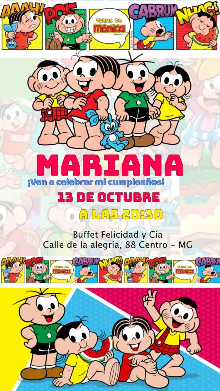 Invitación Turma De La Mónica – tema Cumpleaños Infantil colorido, divertido, infantil, cómics, moderno