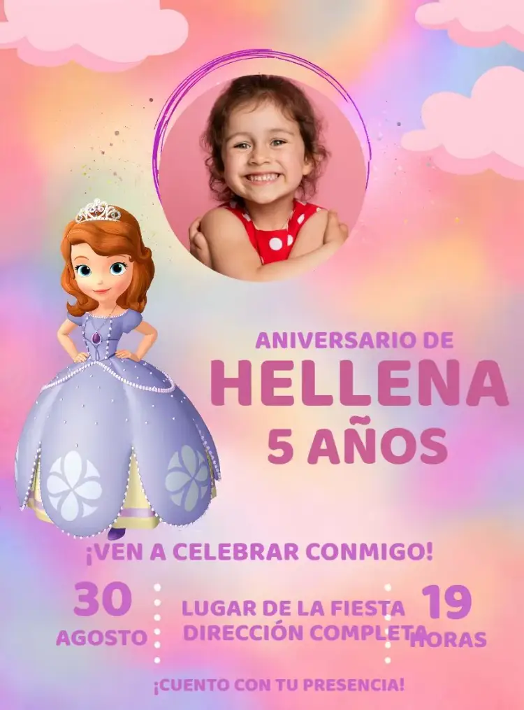 Invitación Princesita Sofia Con Foto Rosa