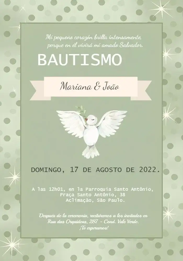 Invitación Bautizo Verde – tema Bautismo verde, minimalista, moderno, delicado, alegre