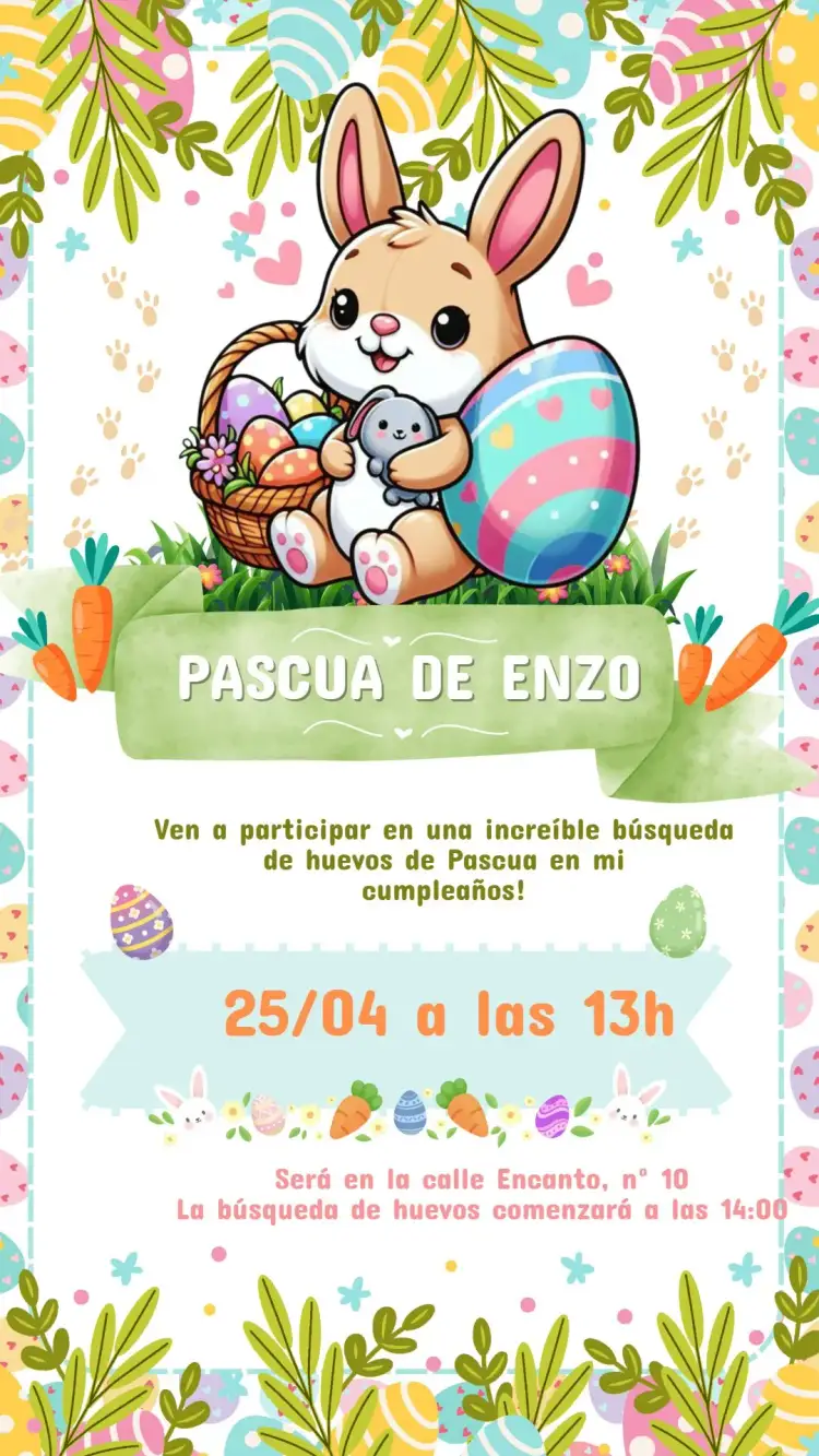 Invitación Invitación Digital Cumpleaños Infantil Conejo de Pascua – tema Cumpleaños Infantil colorido, lúdico, divertido, Páscoa, infantil, animales adorables