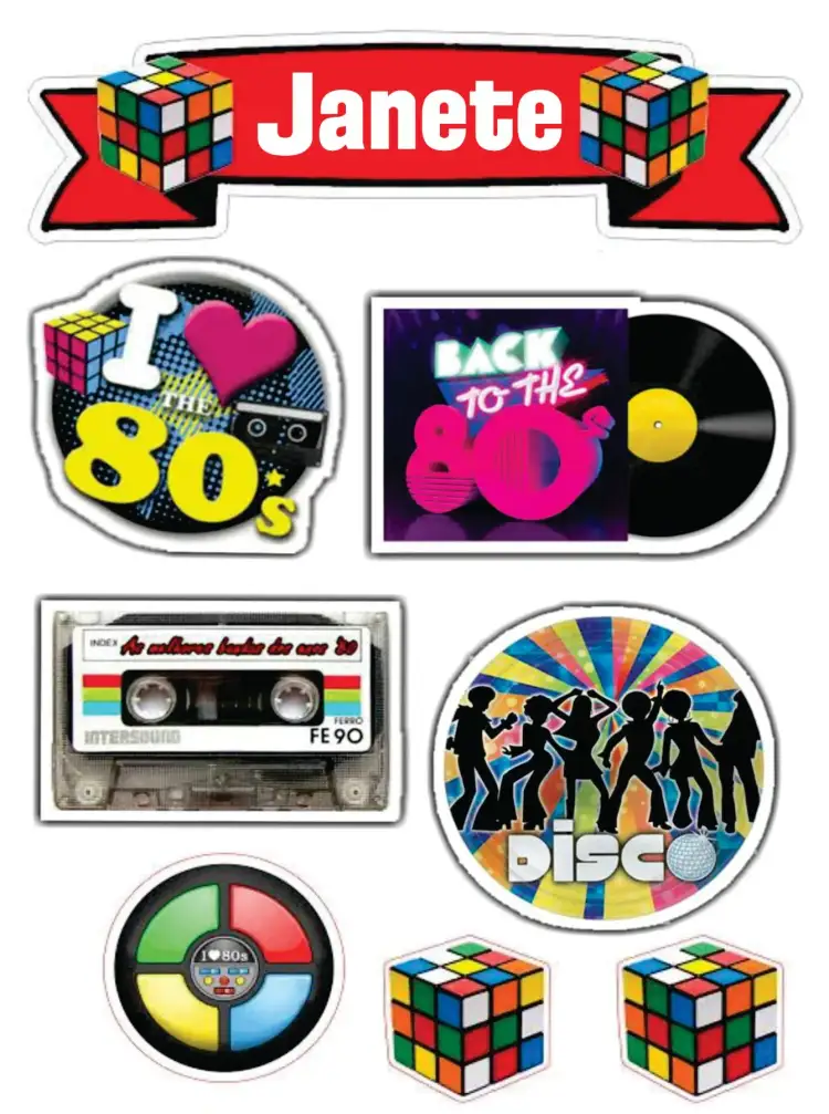 Invitación Años 80 – tema Topper de torta vibrante, retro, colorido, divertido, cultura pop, nostálgico