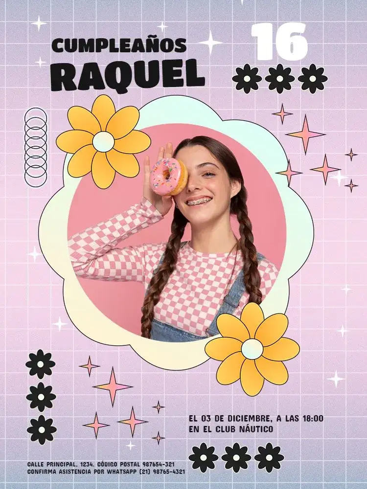 Invitación Para Chica Divertido Con Foto Neón – tema Cumpleaños Infantil neón, floral, lúdico, rosa, joven, divertido