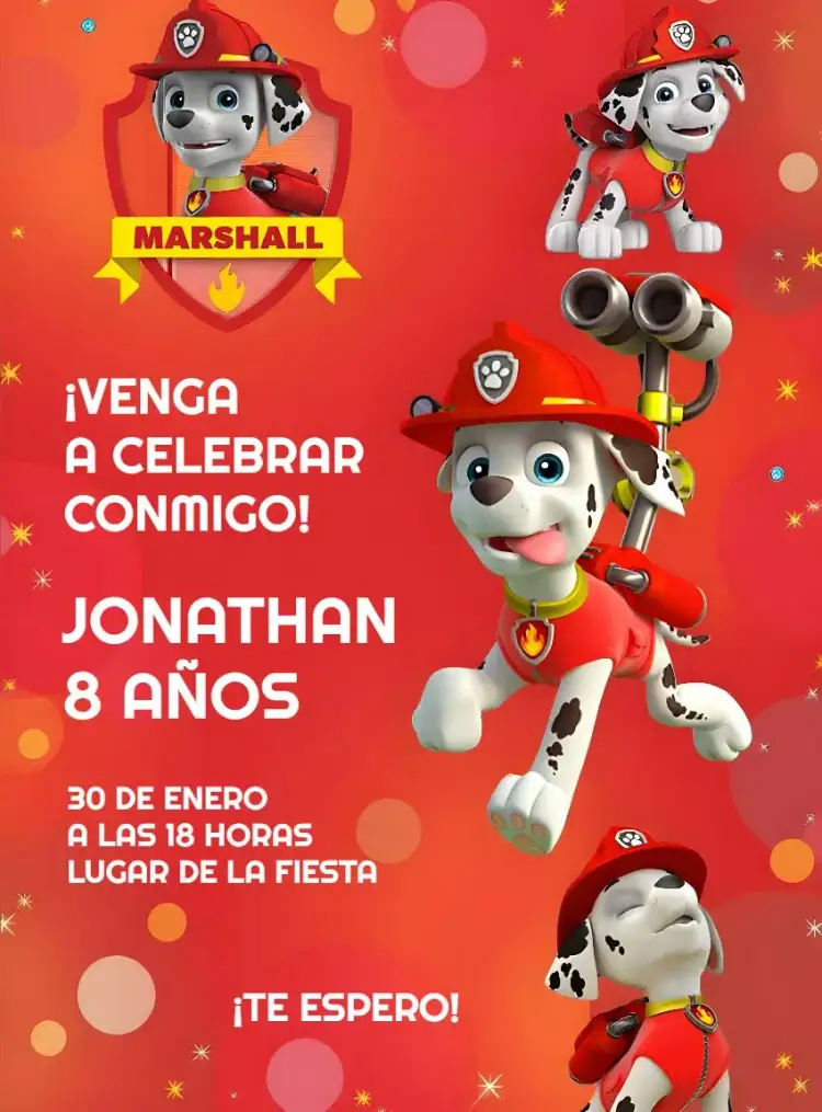Invitación Marshall Patrulla Canina Verde – tema Cumpleaños Infantil colorido, divertido, temático, moderno, animado