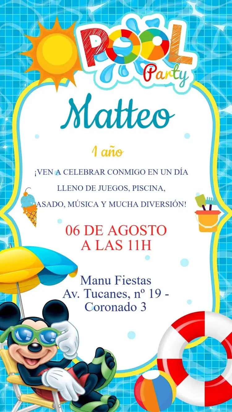 Invitación Invitación Cumpleaños Mickey Pool Party – tema Cumpleaños Infantil tropical, colorido, divertido, verano, playa, infantil