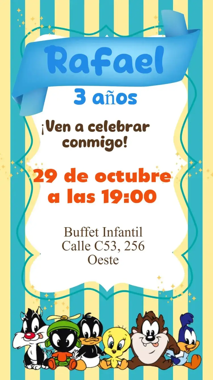 Invitación Looney Tunes – tema Cumpleaños Infantil colorido, divertido, ilustraciones animadas, estilo cartoon, vibrante, infantil
