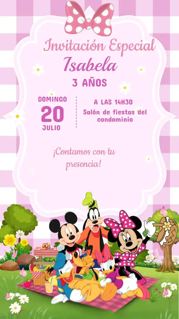 Invitación Invitación Cumpleaños MINNIE – tema Cumpleaños Infantil rosa, lúdico, divertido, colorido, infantil, Disney