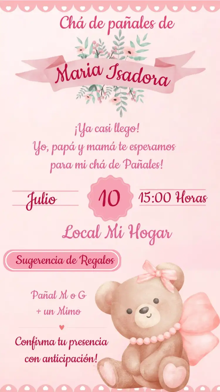Invitación Baby Shower Osita Princesa Infantil – tema Baby Shower rosa, princesa, osita, infantil, delicado, lindo