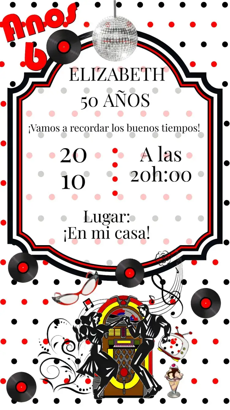 Invitación Cumpleaños Adulto – tema Cumpleaños vintage, colorido, discoteca, retro, moderno