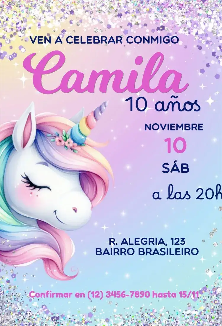 Invitación Unicornio – tema Cumpleaños Infantil colores pasteles, purpurina, disfraces, ilustraciones lúdicas, estilo divertido, elementos mágicos