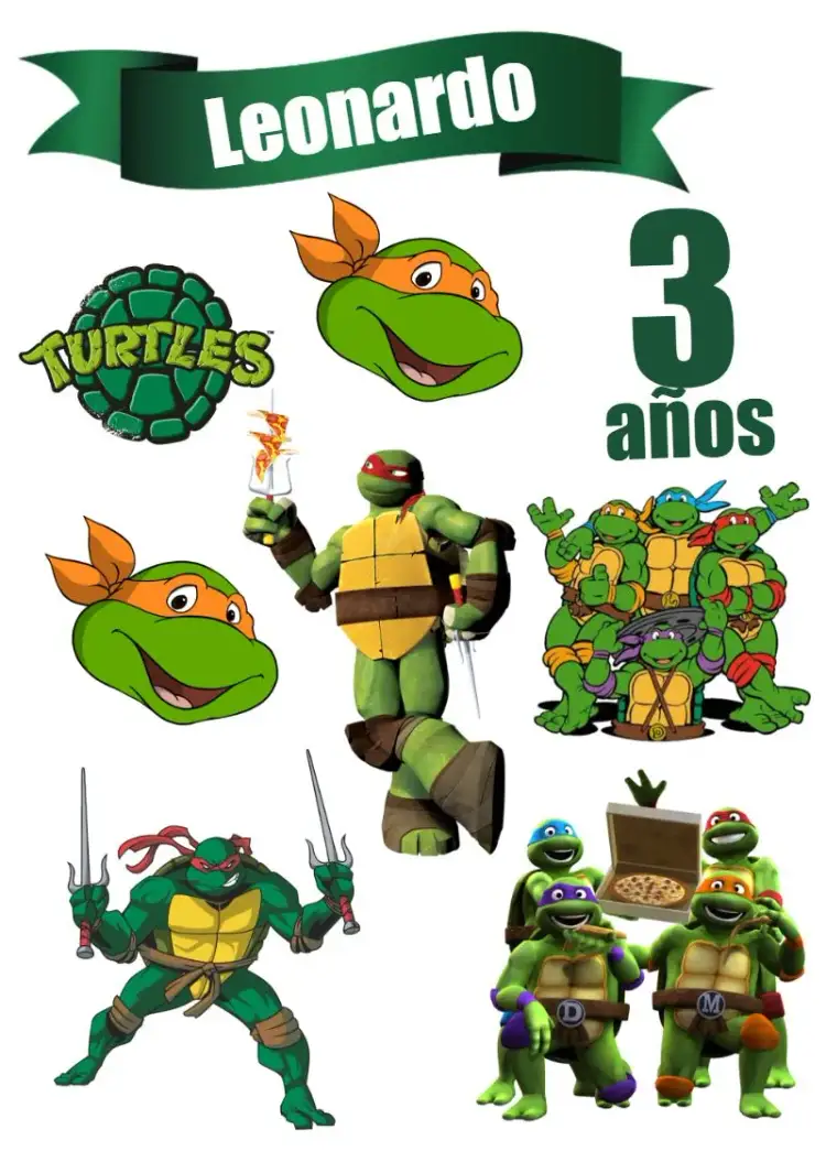 Invitación Topper Tortugas Ninja para Pastel – tema Topper de torta colorido, divertido, jovial, moderno, temático
