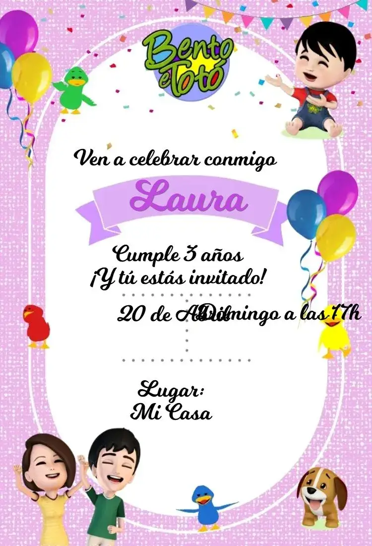 Invitación Bento y Totó Lilás – tema Cumpleaños Infantil lila, divertido, infantil, colorido, moderno, lúdico