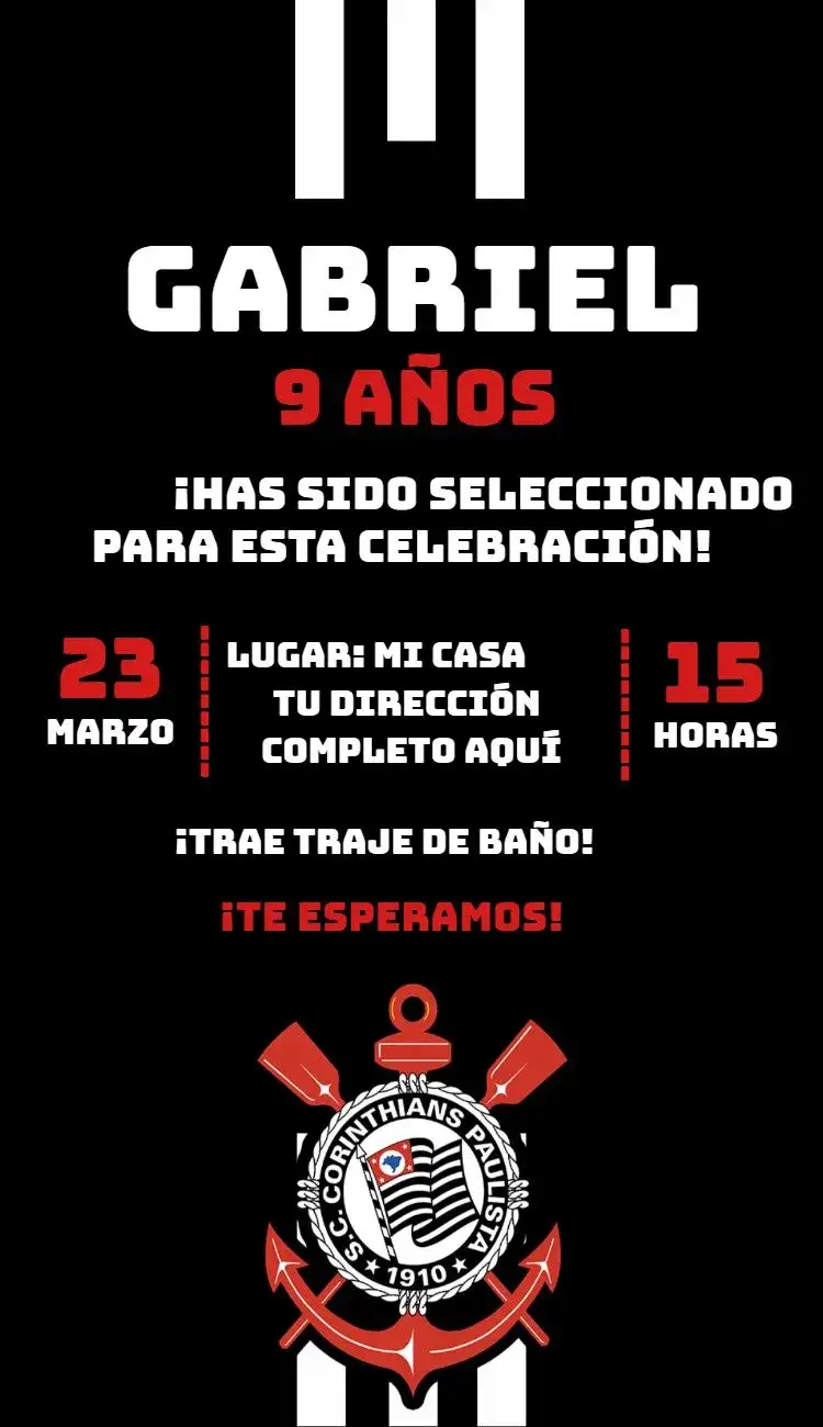 Invitación Corinthians 2 – tema Cumpleaños colores del equipo, fútbol, moderno, vibrante, deportivo, juvenil