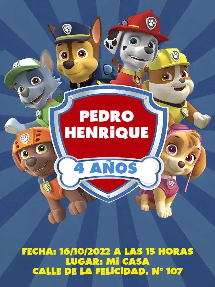 Invitación Patrulla Canina Rojo – tema Cumpleaños Infantil rojo, azul, amarillo, a rayas, divertido, temático