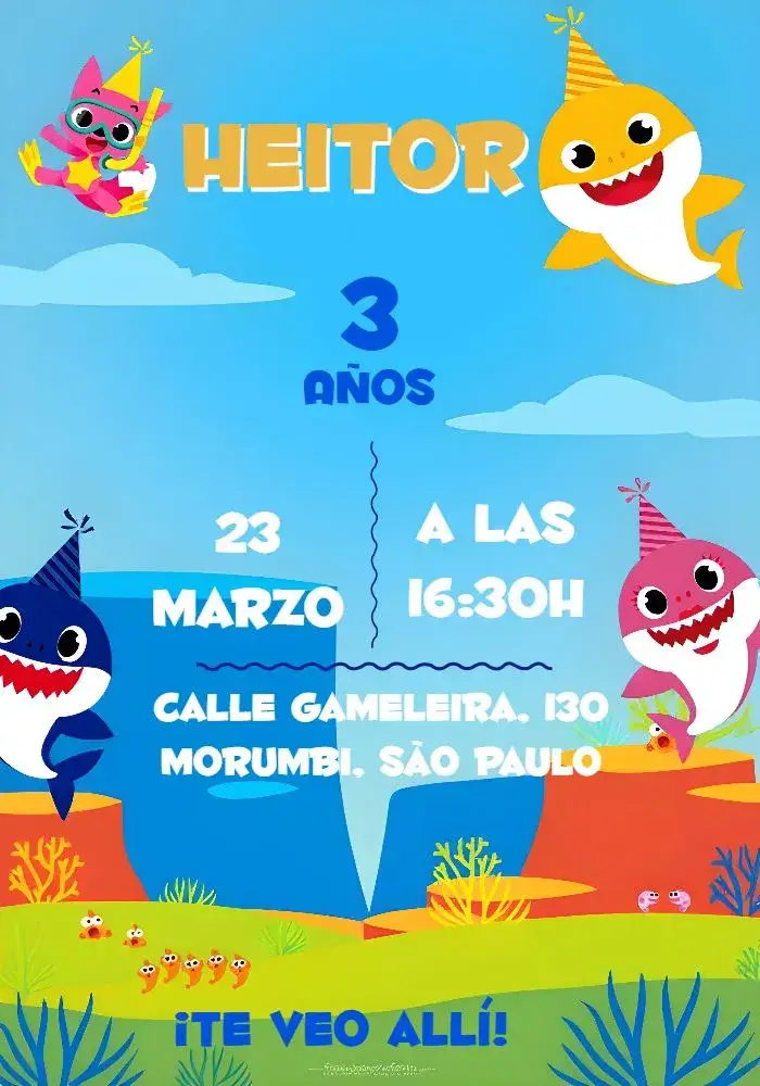 Invitación Personajes de Baby Shark – tema Más buscados colorido, marino, divertido, infantil, lúdico, vibrante