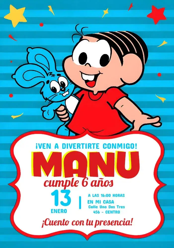 Invitación Mónica Turma Da Cascão – tema Cumpleaños Infantil colorido, animado, infantil, lúdico, divertido
