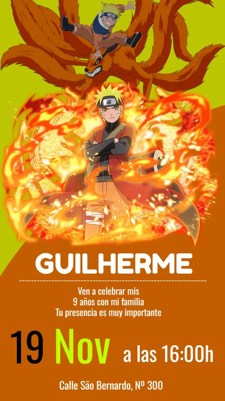 Invitación Naruto Colas – tema Cumpleaños Infantil animado, anime, colorido, divertido, moderno, temático