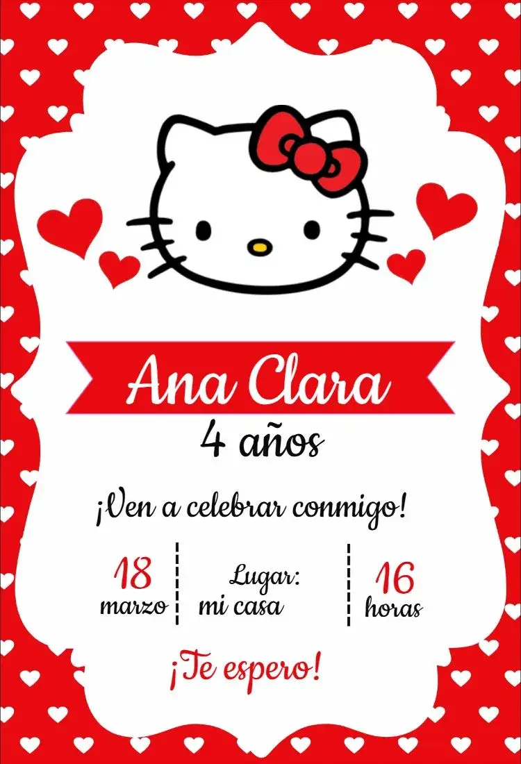 Invitación Hello Kitty Roja editable y personalizable