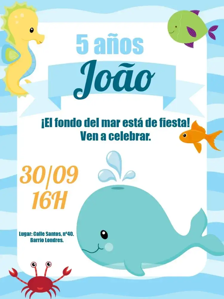 Invitación Fondo Del Mar Blanco – tema Cumpleaños Infantil fondo marino, marino, colorido, divertido, infantil, temático