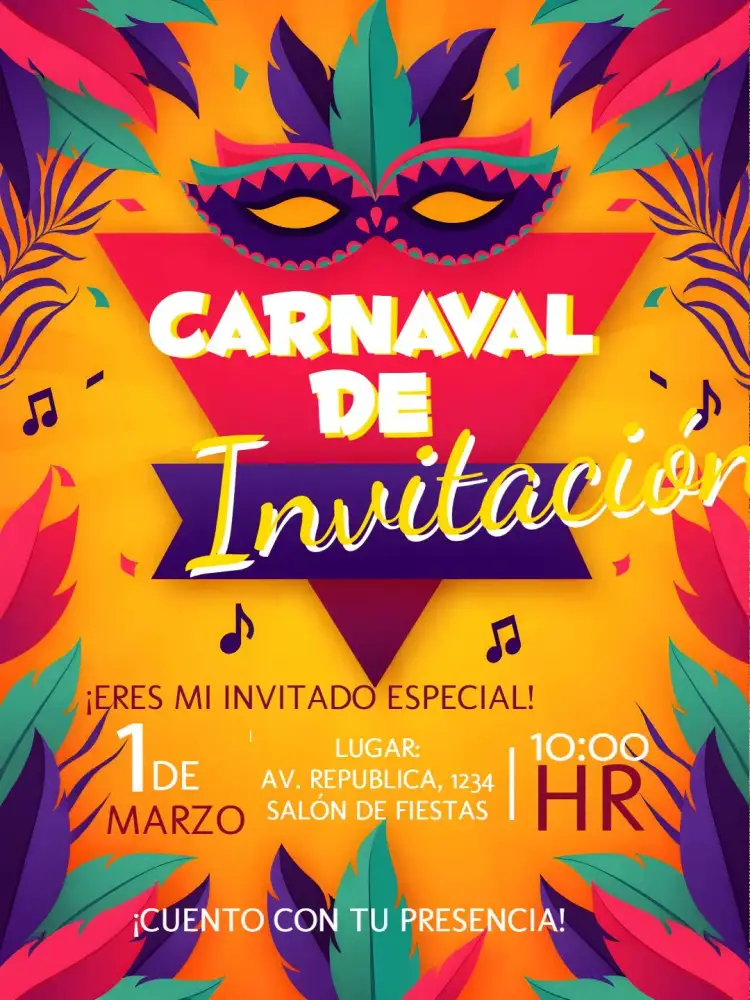 Invitación Baile de Carnaval Colorido – tema Fechas Conmemorativas colorido, vibrante, festivo, divertido, tropical