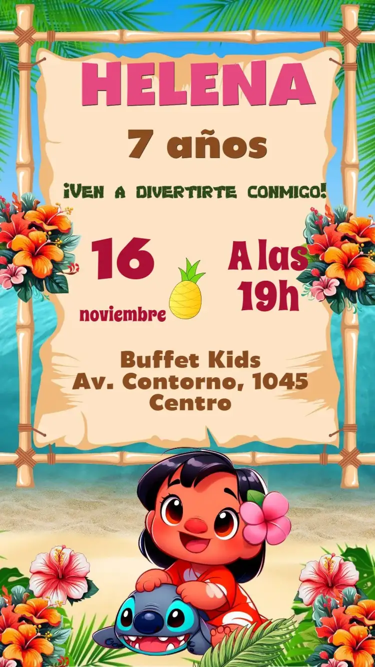 Invitación Lilo y Stitch – tema Cumpleaños Infantil colorido, divertido, tropical, infantil, ilustraciones de personajes, estilo Disney