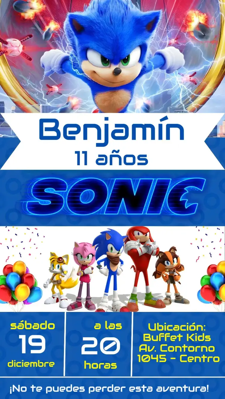 Invitación Sonic – tema Cumpleaños azul vibrante, estilo cartoon, elementos gráficos del filme, fondo dinámico, temática de velocidad, detalles divertidos