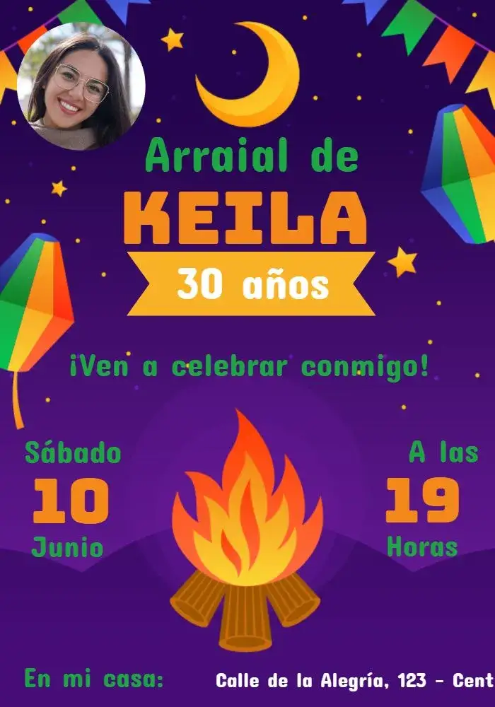 Invitación Arraial Fiesta Junina Con Foto Azul – tema Fechas Conmemorativas junino, colorido, tradicional, festivo, moderno, alegre