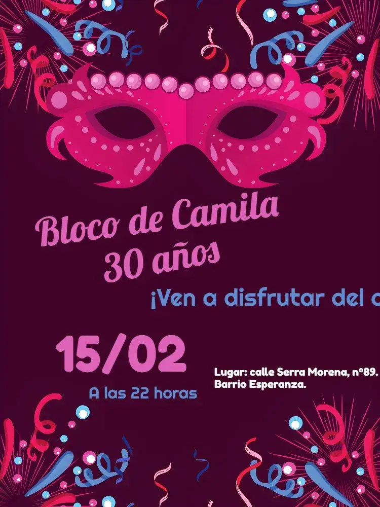 Invitación Carnaval Folia – tema Fechas Conmemorativas colores vibrantes, estilo festivo, máscaras venecianas, elementos gráficos coloridos, diseño alegre, temática de carnaval