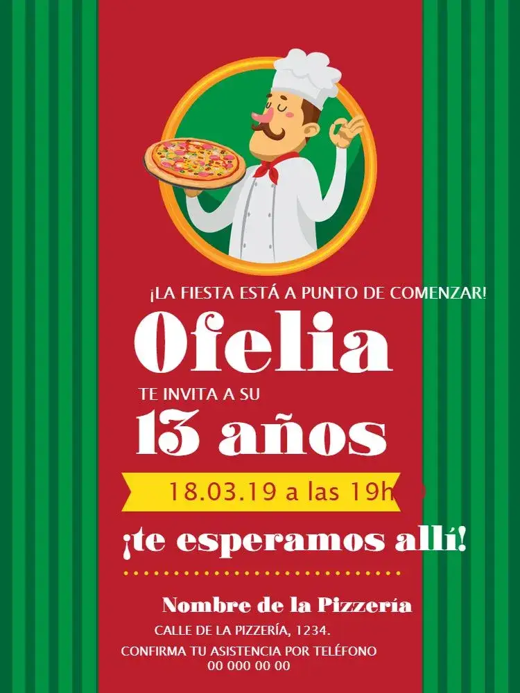 Invitación Pizzería Verde – tema Cumpleaños Infantil colorido, divertido, temático, moderno, alegre