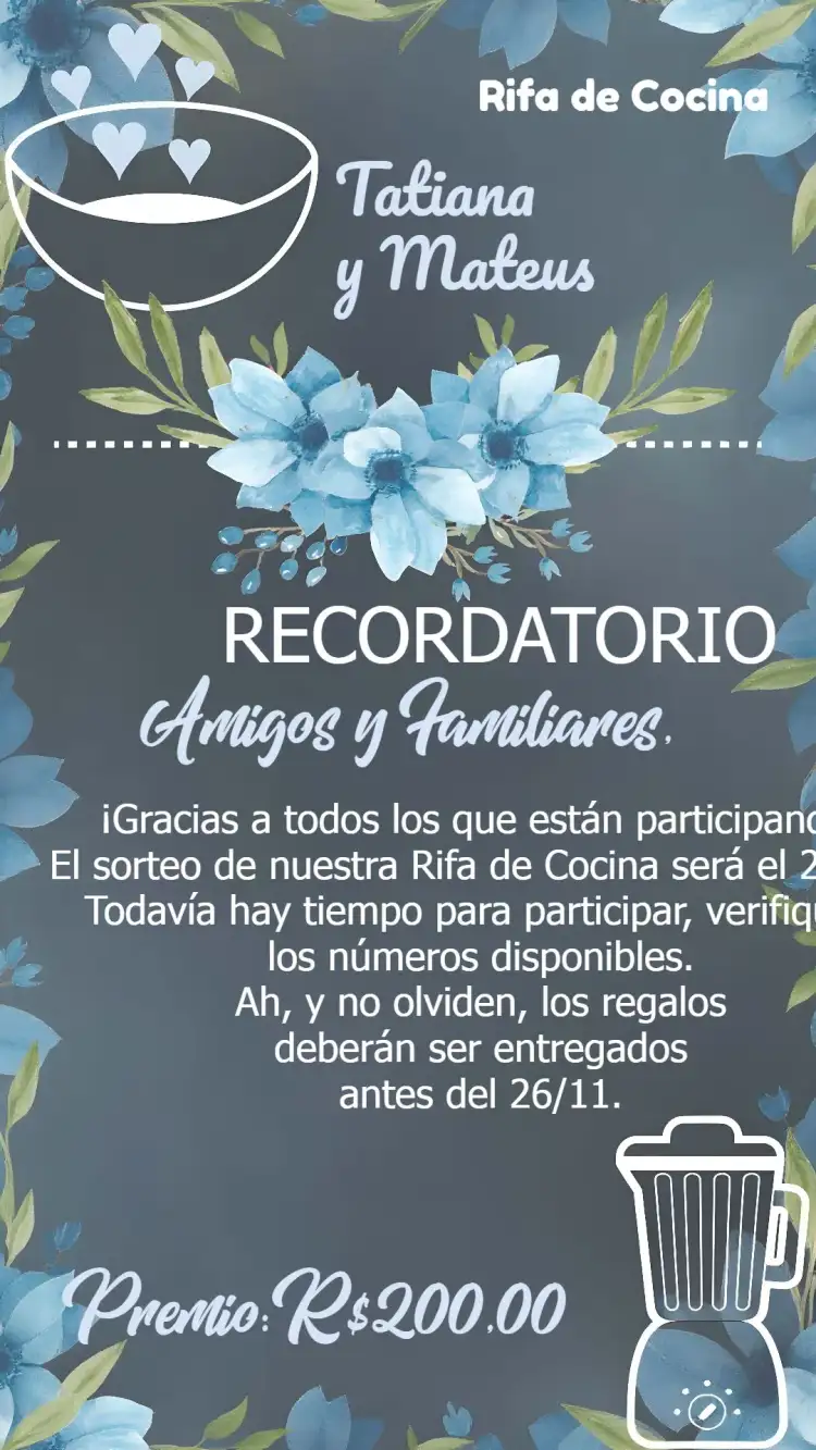 Recordatorio Sorteo de Cocina Floral Pizarra Regalo