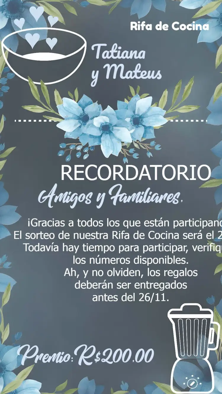 Invitación Recordatorio Sorteo de Cocina Floral Pizarra Regalo