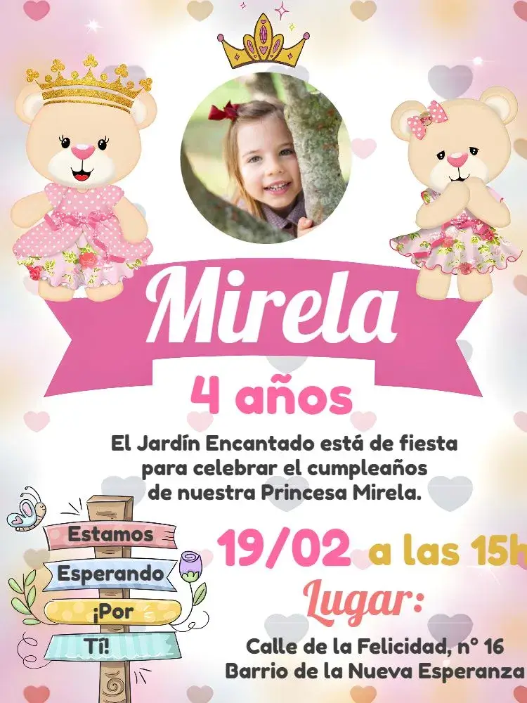 Invitación Oso Princesa Con Foto Realeza editable y personalizable