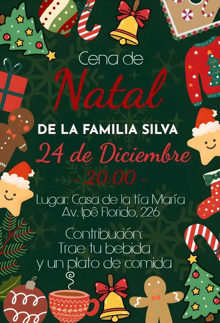Invitación Víspera de Navidad Cena de Navidad – tema Más buscados festivo, navideño, rojo y verde, dorado, vintage, acogedor