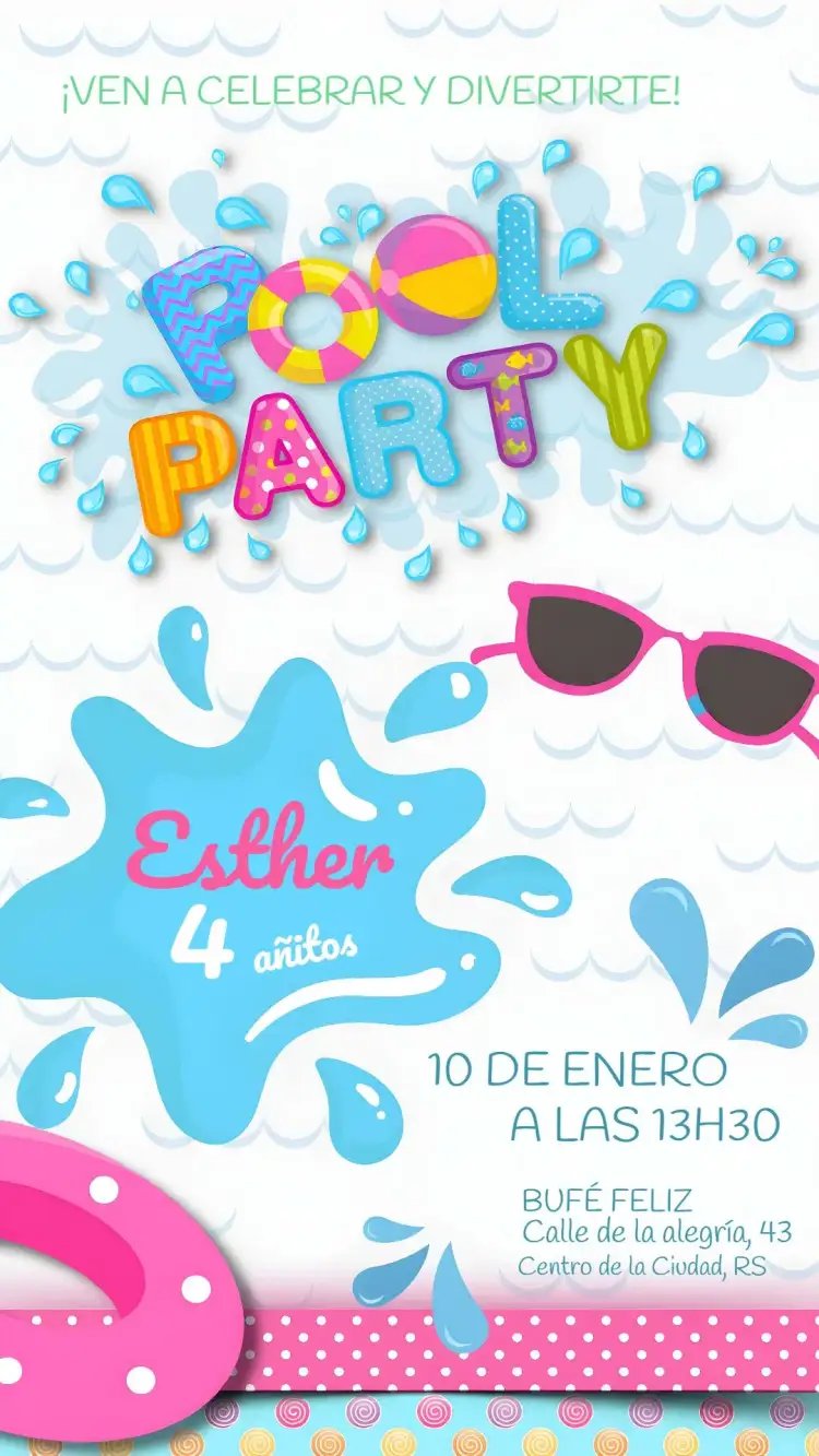 Invitación Pool Party Infantil – tema Más buscados colorido, tropical, en la playa, divertido, moderno, ilustraciones infantiles