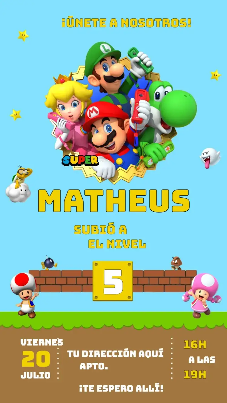 Invitación Super Mario – tema Cumpleaños Infantil colorido, divertido, juegos, vibrante, infantil, temático