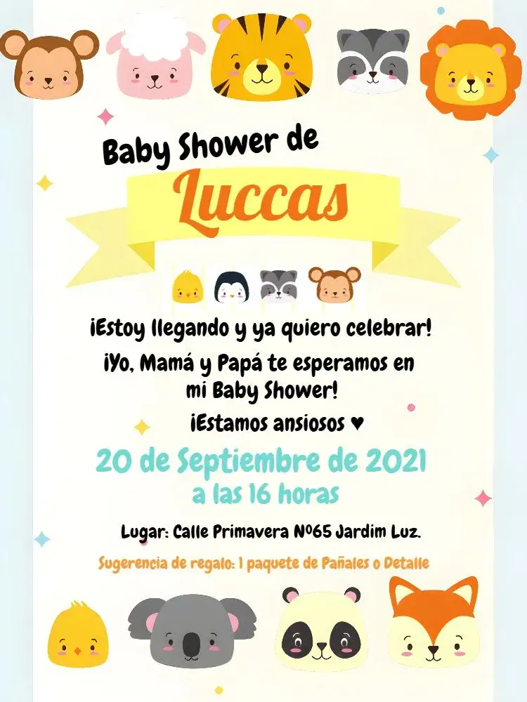 Invitación Baby Shower Safari Colorido – tema Baby Shower colorido, safari, animales, divertido, tropical, infantil