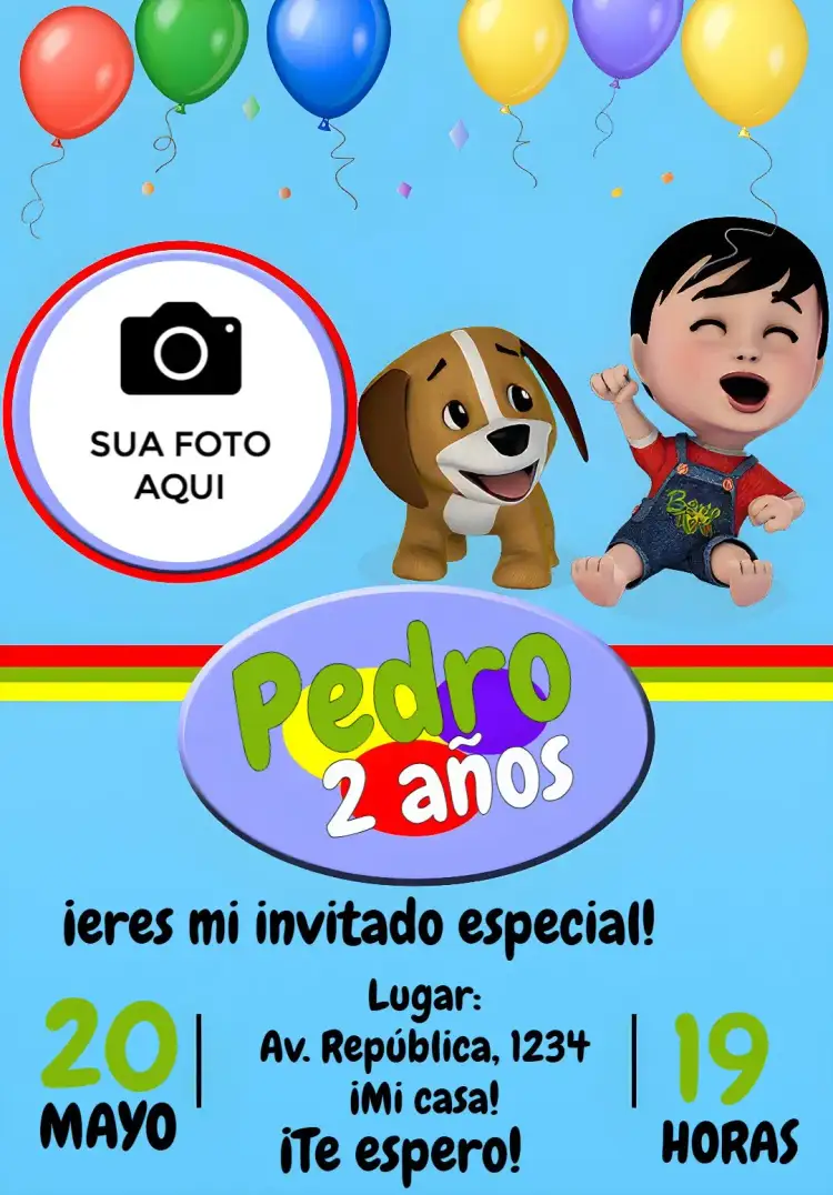 Invitación Bento Y Totó Con Foto Globos – tema Más buscados colorido, divertido, infantil, ilustraciones de globos, fotografía personalizada