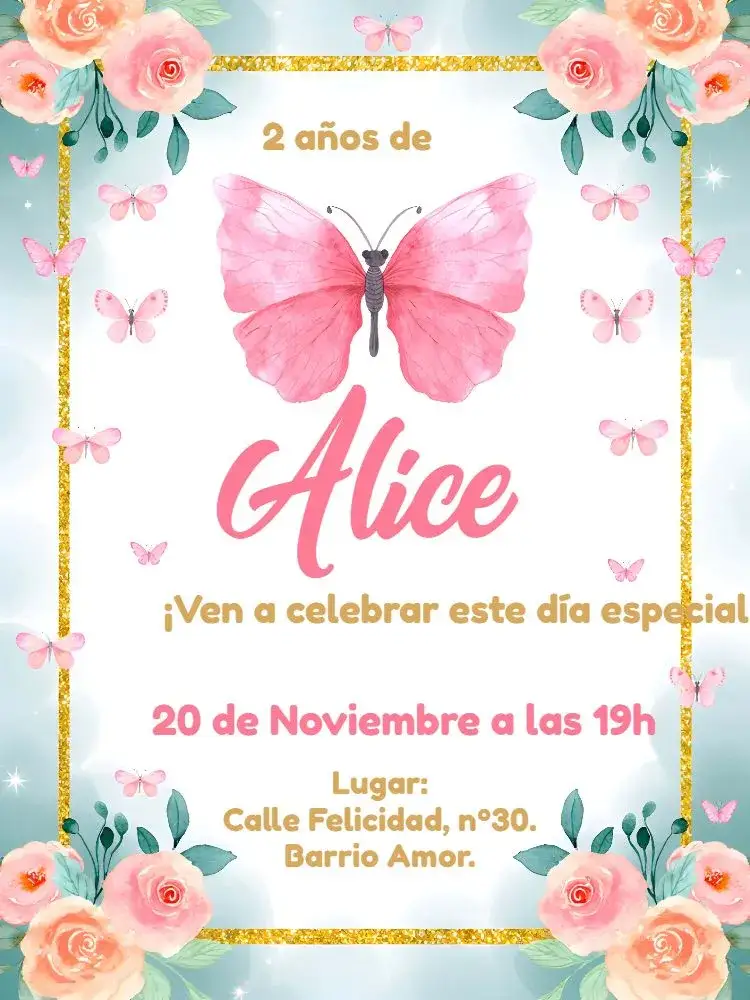 Invitación Jardín De Las Mariposas Delicado – tema Fechas Conmemorativas floral, delicado, rosa, dorado, naturaleza, infantil