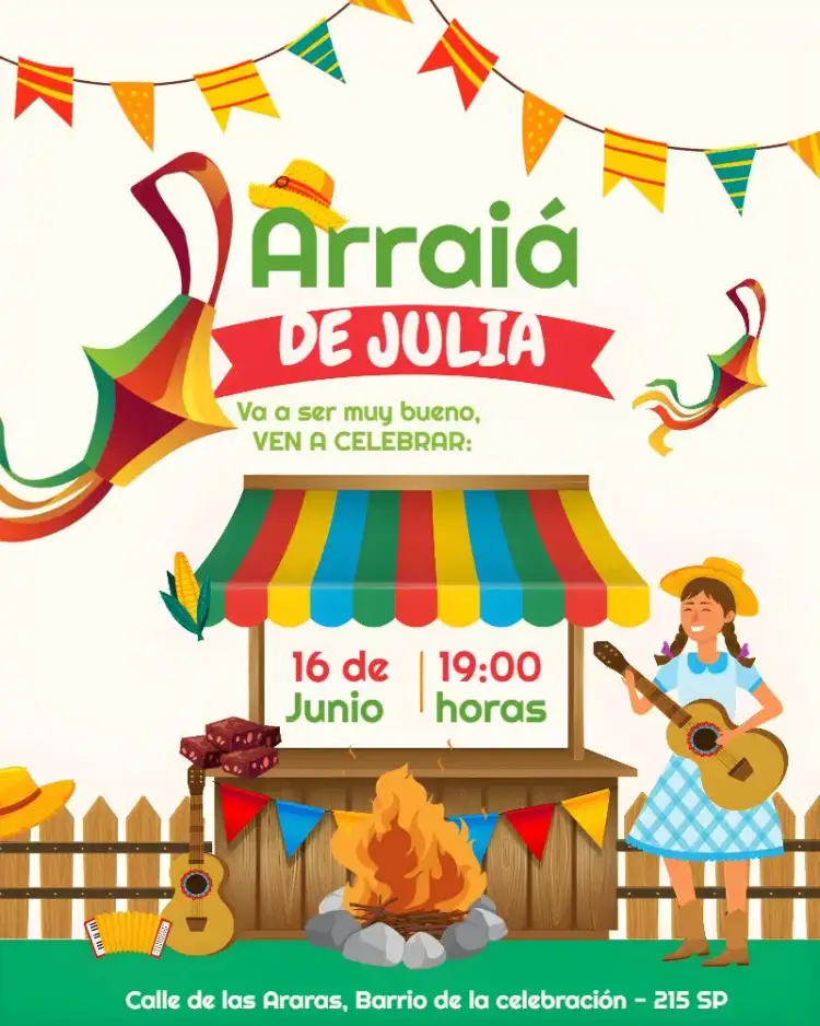 Invitación Arraiá San Juan Naranja – tema Fechas Conmemorativas festivo, vibrante, colorido, tradicional, junino, divertido