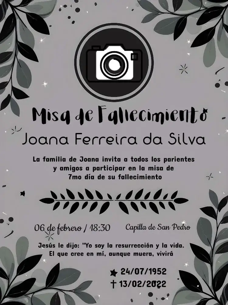 Invitación Misa De Fallecimiento 7º Día Con Foto Gris – tema Fechas Conmemorativas gris, beige, minimalista, elegante, sobrio