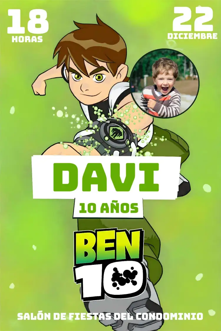 Invitación Ben 10 Con Foto Verde – tema Cumpleaños Infantil verde, dibujos animados, divertido, aventura, infantil