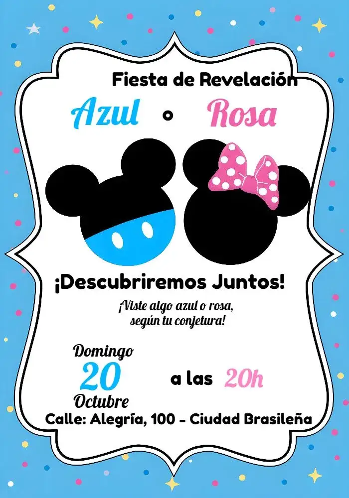 Invitación Baby Shower de Revelación de Mickey y Minnie – tema Revelación Bebé Disney, colorido, infantil, lúdico, animales, fiesta temática