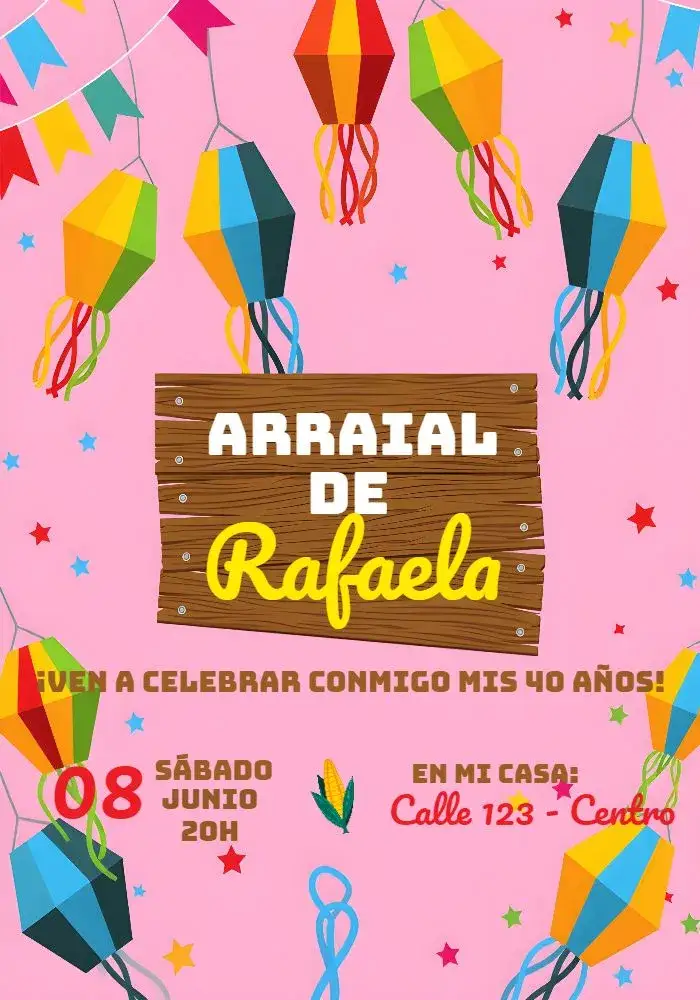 Invitación Arraial Festa Junina Bandeirolas – tema Fechas Conmemorativas junino, colorido, festivo, tradicional, brasileiro, vintage